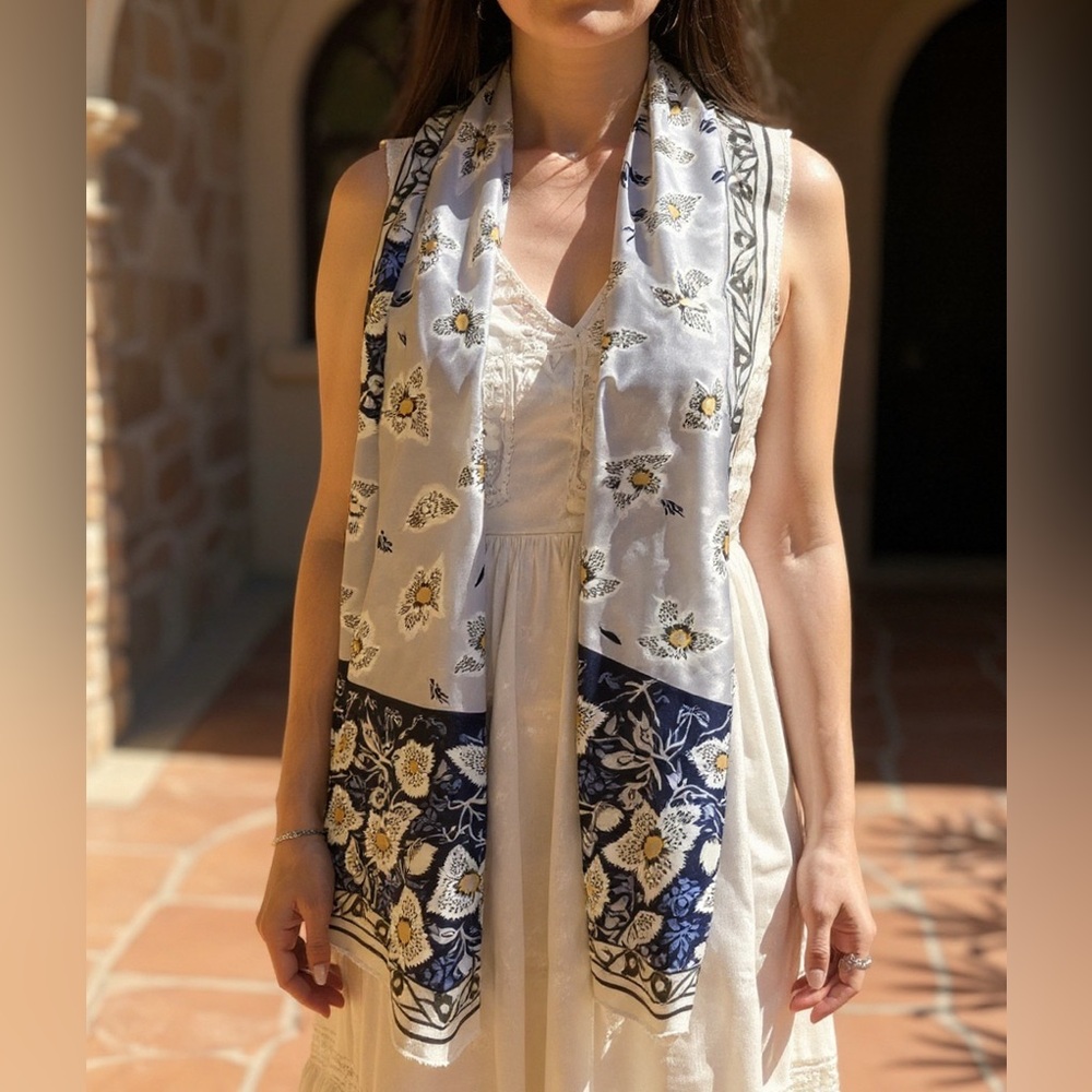 Taihu snow silk Elegant Floral Scarf in Blue and White - Picture 1 of 8